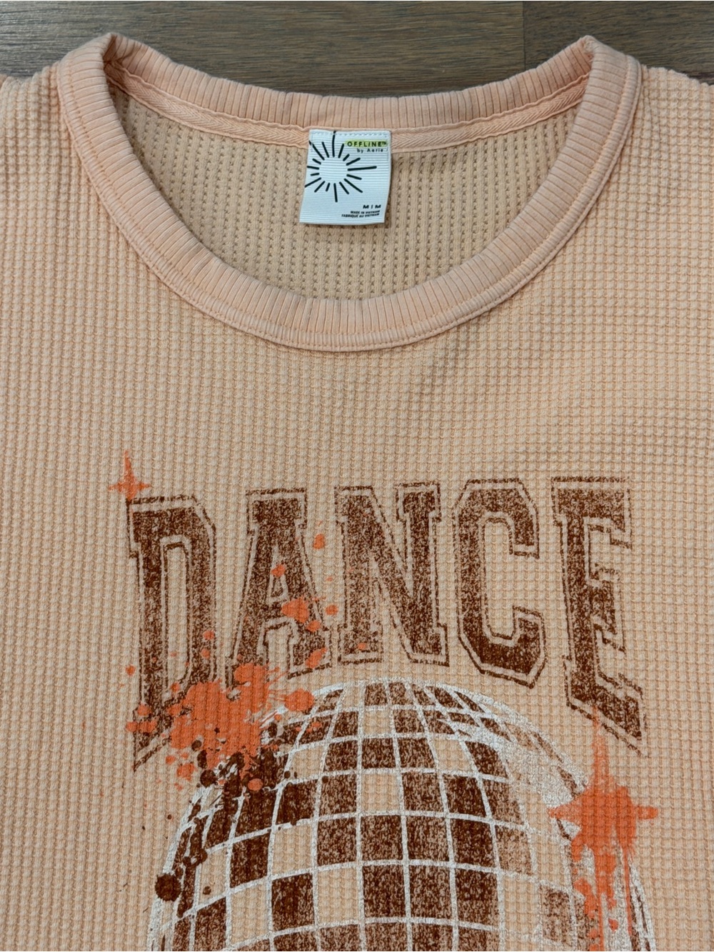 aerie Peach "Dance Club" Long Sleeve Waffle Knit Crew Neck Sweater - Picture 2 of 4